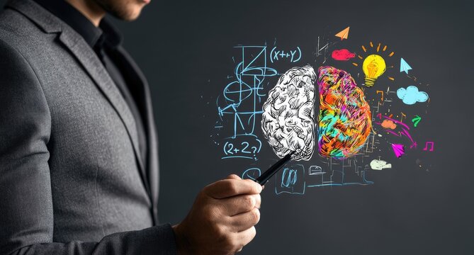 Man pointing to colorful brain illustration with math & creative symbols