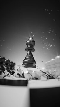 Chess bishop rising from the board with explosive force and flying debris. Cinematic strategy animation for competition, dominance, and game concepts. 3D render vertical video.