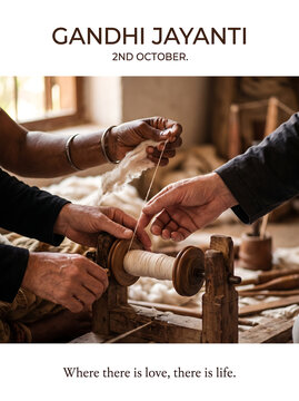 Hands spinning cotton thread on a traditional wooden charkha for Gandhi Jayanti