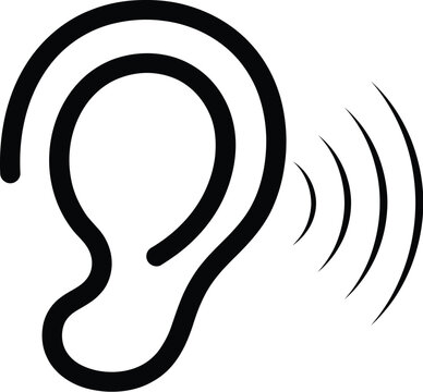 A black line drawing depicts an ear with radiating sound waves beside it auditory hearing earshape soundwave acoustic listening perception sensory anatomy physiology lineart monochrome