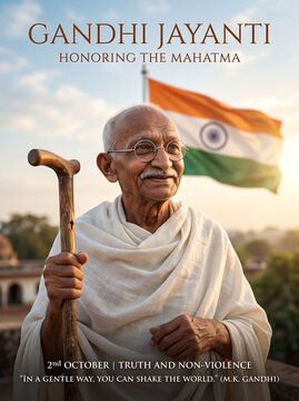 Mahatma Gandhi Jayanti celebration with Indian flag and inspirational quote