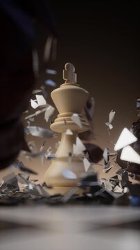 White king crashing down onto the chessboard and destroying everything nearby. Powerful strategy animation for dominance, competition, and game visuals. 3D render vertical video.