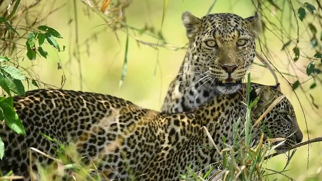 A pair of spotted leopards posing in the golden grasslands of the Maasai Mara..