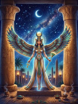 Egyptian Goddess With Wings Standing Between Columns Under a Starry Sky