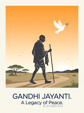 Mahatma Gandhi Jayanti illustration with walking silhouette and peace dove