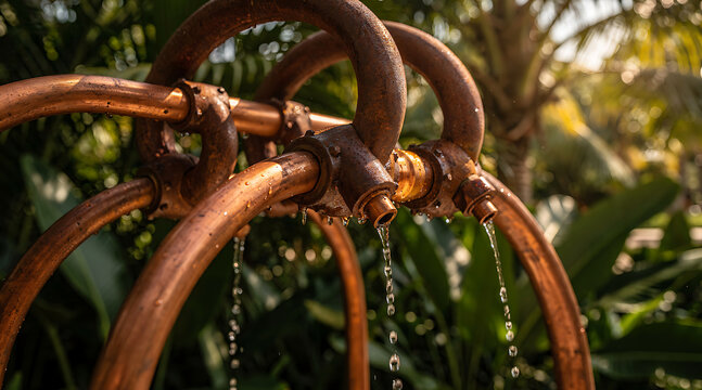 Water dripping from copper pipe outdoors.