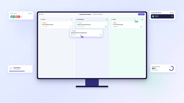 Dynamic workflow management software with drag-and-drop kanban board interface on a sleek desktop monitor, showcasing task progression from 'To Do' to 'Done' with animated team collaboration, cloud...
