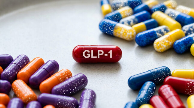 Colorful medical capsules, one red capsule with GLP-1 text, representing pharmaceutical treatment, healthcare, and scientific innovation