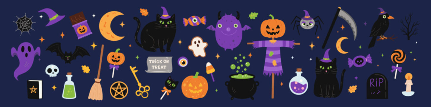 Set of Halloween icons on dark background flat style