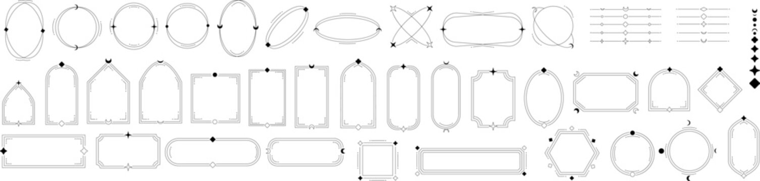 Set of thin line celestial frames with moons and stars