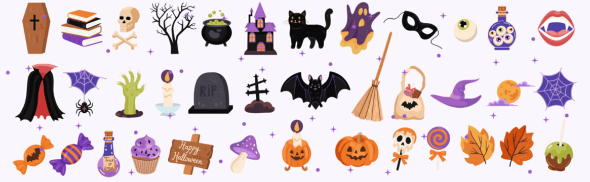Set of Halloween illustrations clipart on light background