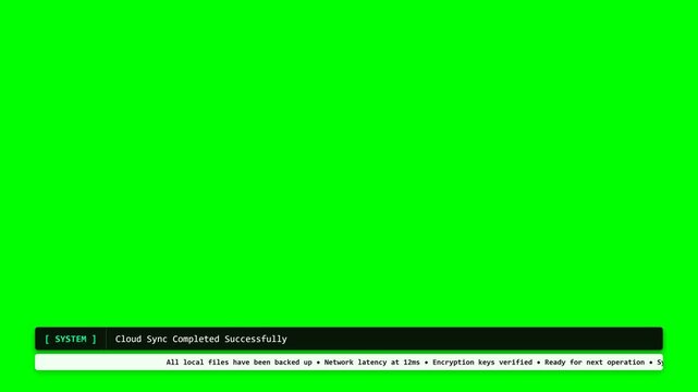 Terminal style system notification and cloud sync news ticker overlay.