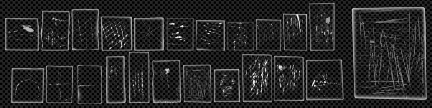 Set of white film scratch texture overlays isolated