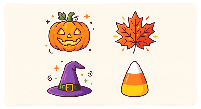 halloween jack o lantern, Candy corn, Witch hat, Autumn maple leaf

