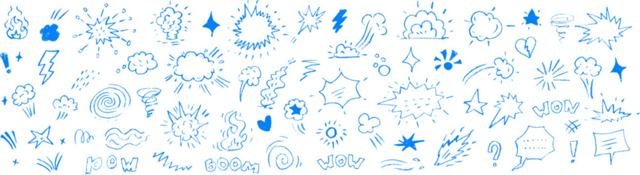Set of hand drawn comic effect doodles black and white
