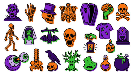 Fototapeta premium Halloween vector set featuring spooky characters and traditional horror symbols for creative holiday party graphic design