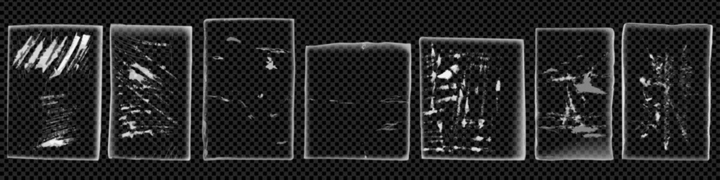 Set of dark scratched texture overlay frames isolated