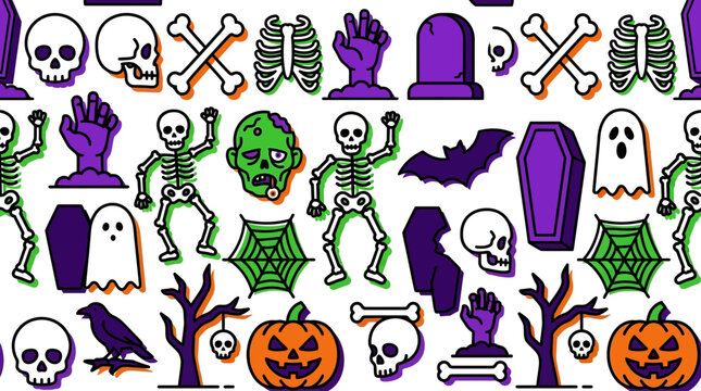 Halloween pattern vector illustration featuring vibrant skeletons zombies ghosts pumpkins and spooky icons for festive backgrounds