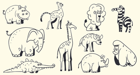 Fototapeta premium African wild animals doodle vector set featuring elephant, giraffe, lion, zebra, hippo, rhino, crocodile, cheetah, gorilla and hyena isolated on background.