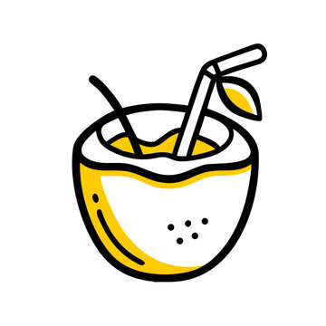 Coconut drink yellow and black icon tropical refreshment for summer.