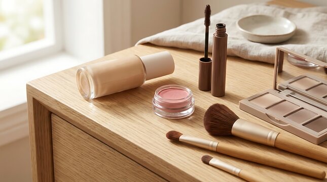 Professional makeup kit with brushes mascara and eyeshadow palette on a wooden table in a bright room. simple makeup tutorial