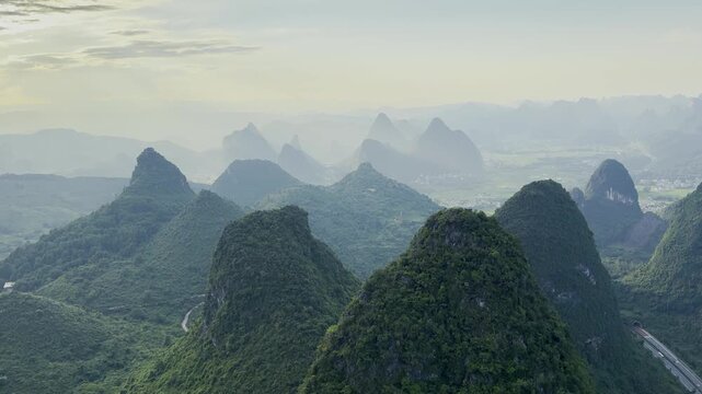 Layered karst mountains near Guilin China at sunrise