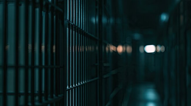 Dimly lit jail cell bars and corridor, creating an atmosphere of confinement and mystery