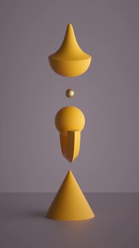 Seamless loop of floating yellow geometric shapes rotating in a minimal 3D scene. Smooth motion creates a playful modern vertical animation.