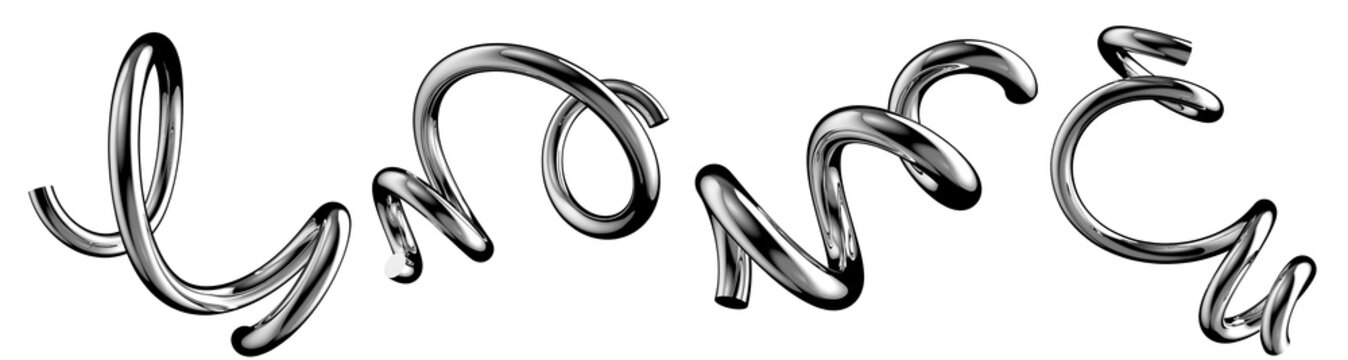 Metallic chrome tubular squiggle set isolated on white background for Y2K graphic design assets, contemporary techno poster art and poster 3d render design element.
