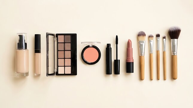 Collection of various professional makeup products and beauty tools arranged in a neat horizontal row. simple makeup tutorial
