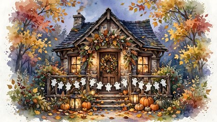 Fototapeta premium Rustic Cottage Porch with Ghost Garland and Pumpkins, Cozy Autumn Watercolor Illustration