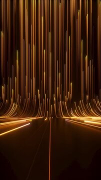 Vertical gold light bars fall and stream in a vivid futuristic loop. Premium motion background for finance, branding, and elegant digital content. 3D render motion.