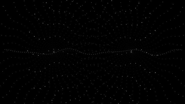 Abstract digital particles creating rhythmic, symmetrical wave patterns pulsating across a dark, futuristic cyberspace background, evoking advanced technology, data flow, and modern scientific visu...
