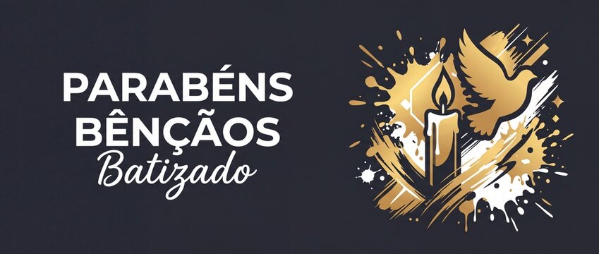 Portuguese Baptism Congratulations Banner Gold Dove Candle Graphic Design for Christian Christening Celebration Greeting Card Background with Elegant Text Parab&eacute;ns B&ecirc;n&ccedil;&atilde;os Batizado Sacred Symbol