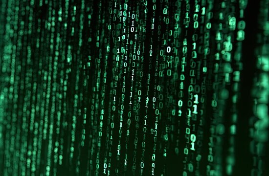 Cascading streams of luminous green binary digits against a dark background
