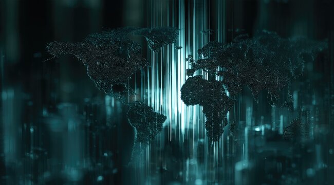 A dark, abstract digital world map with glowing turquoise light beams emanating upwards