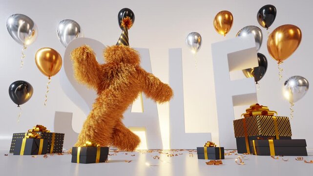 Golden furry monster dancing in front of SALE text. Fun 3D animation loop with balloons for promotions.