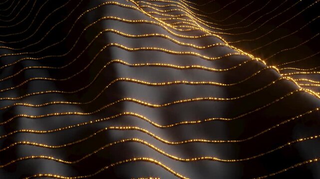 Looped abstract terrain of glowing golden lines with smooth flowing motion. Premium luxury background for data, technology, and elegant motion graphics. 3D render motion.