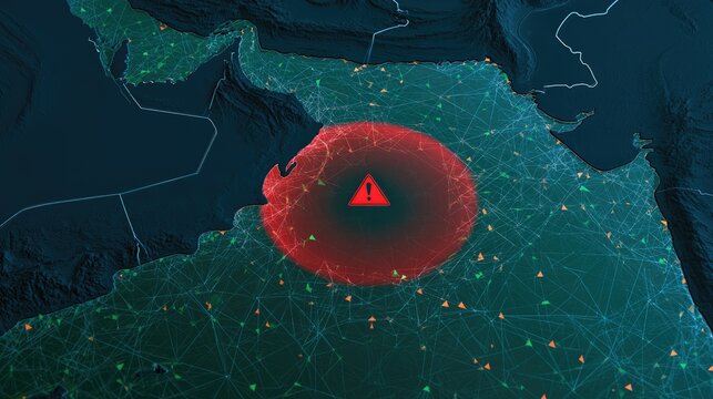 Digital map with glowing network nodes and a red alert zone