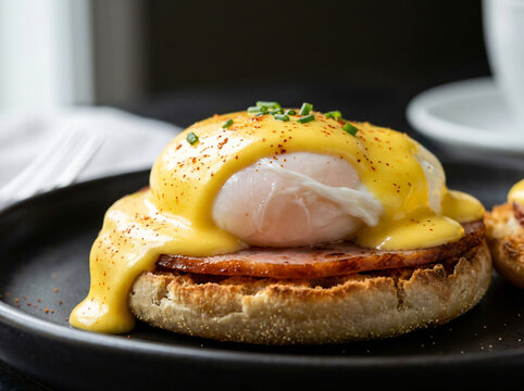 Delicious eggs benedict served on a toasted english muffin with hollandaise sauce.