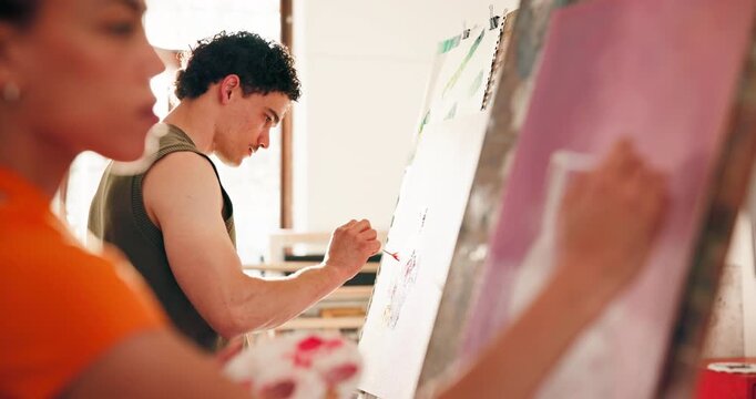 Painting, art and class with man in workshop for creative, inspiration and brush stroke technique. Passion project, artist hobby and easel with people in studio for design, drawing and canvas