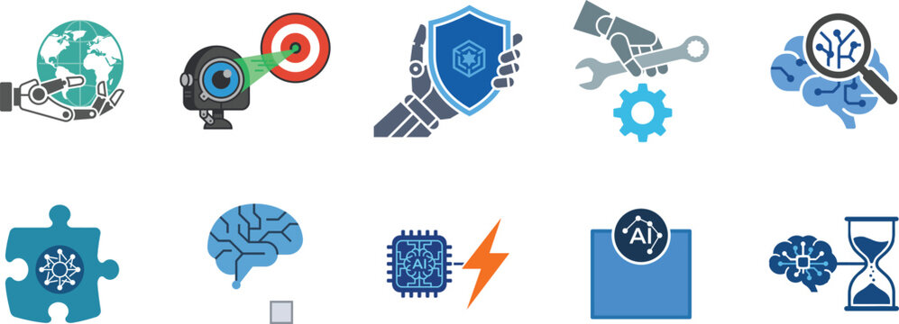 Agentic AI icon set with predictive maintenance, contextual adaptation, data processing, security and automation