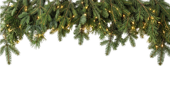 Seamless decorative christmas border with coniferous branches and garlands of christmas lights on isolated background
