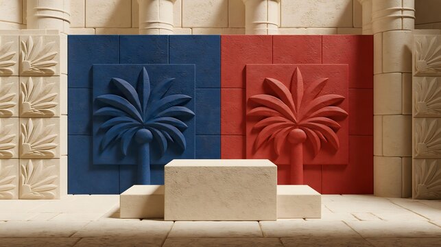 Symmetrical ancient luxury showcase stage with embossed palm tree bas-relief wall, stone columns, stepped sandstone block podium, copy space