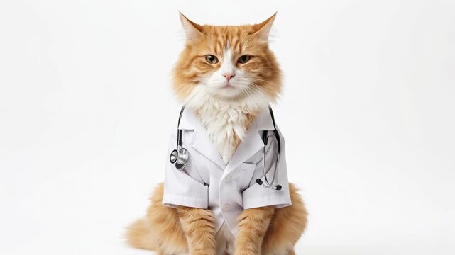 Fluffy ginger cat dressed as a doctor wearing a white lab coat and stethoscope sitting against a clean studio background