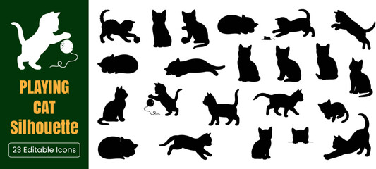 Fototapeta premium Playing Cat Silhouette: A collection of diverse black cat silhouettes in various playful poses, capturing the agile and curious nature of feline companions.
