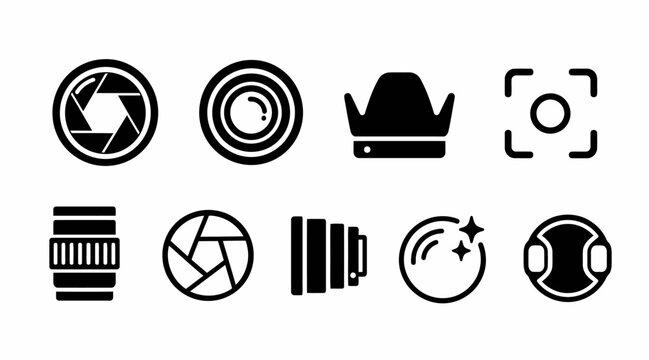 Camera lens aperture and focal length settings icon set.