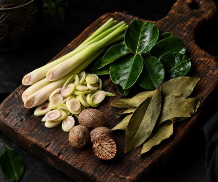 Aromatic Botanical Treasures: Fresh Lemongrass, Kaffir Lime, Bay Leaves, and Nutmeg