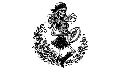 Fototapeta premium Gothic skeleton woman holding football with bandana and roses black white vector illustration