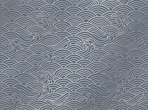 An intricate Japanese Seigaiha wave pattern with thin metallic silver lines on a clean slate grey textured paper background, modern minimalist seamless vector style.